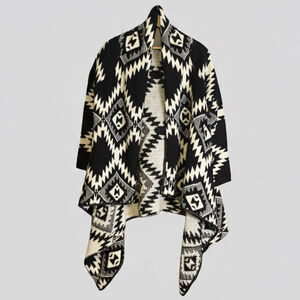 Aztec Waterfall Drape Cardigan Black & Cream High-Low Hem | M/L